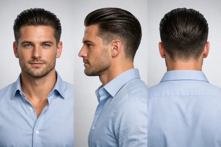 mid taper fade slick back hairstyle with balanced fade and neatly styled medium length hair swept back