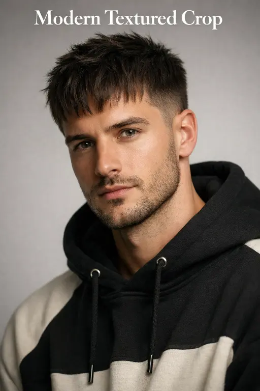textured crop with temple fade haircut for men featuring choppy layers and short fringe on thick straight hair