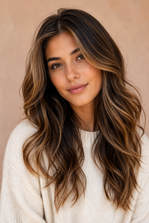 Brunette balayage with money piece highlighting face-framing strands for a bright, dimensional modern hair look