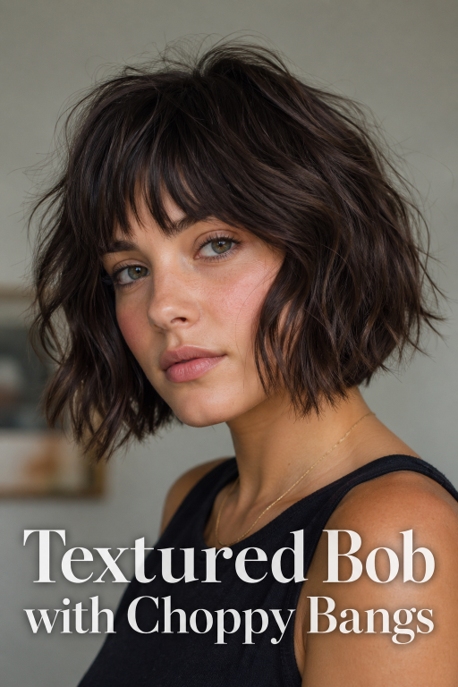 Thin fine hair makeover with soft layered bob and wispy bangs adding natural volume and face-framing shape
