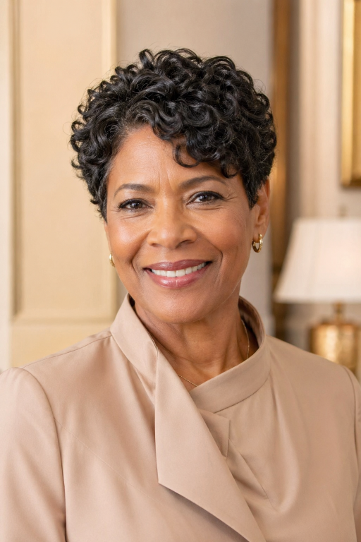 Confident older Black woman with natural gray curls in a stylish wash-and-go hairstyle, showcasing low-maintenance beauty and elegance