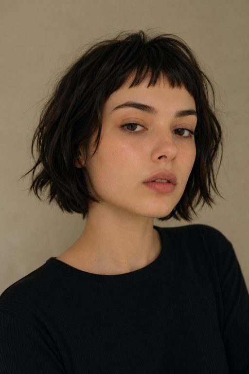 Short shaggy bob haircut with textured layers and effortless volume for modern women