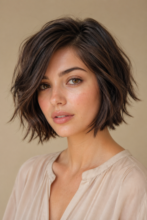 Short shag hairstyle with textured layers and modern volume for women