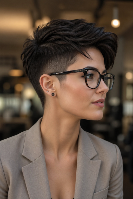 Short pixie haircut for women with glasses showing flattering modern styles for different face shapes