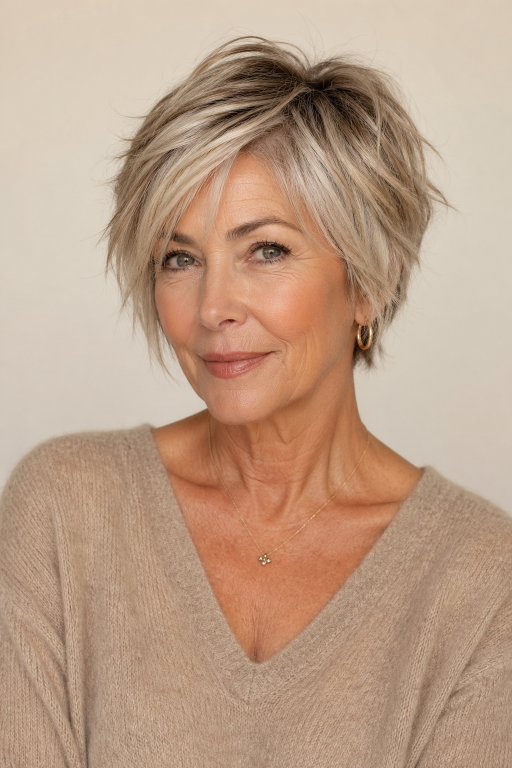 Elegant older woman (age 60+) with natural wrinkles and soft features showcasing a chic pixie bob haircut,