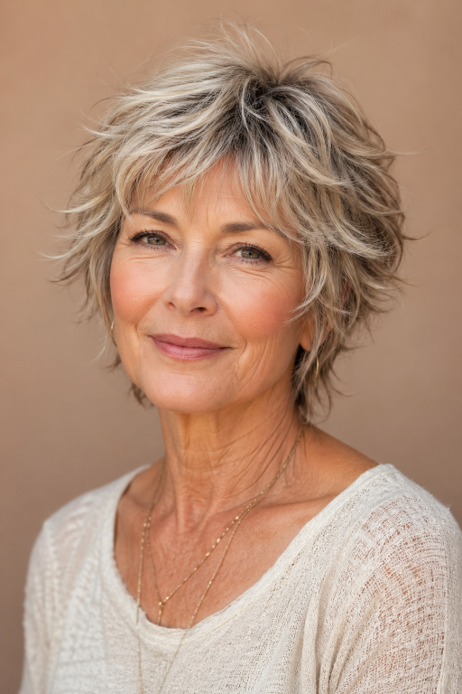 Hairstyles for women over 50 with thin fine hair showing layered bobs and pixie cuts that add volume and fullness