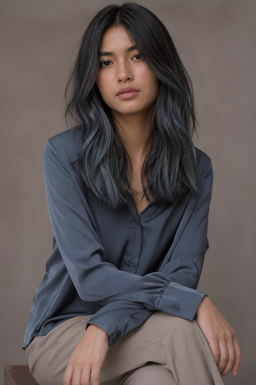 Blue balayage for brunettes featuring soft blended navy, teal, and pastel tones on long layered hair with natural dark roots and glossy finish