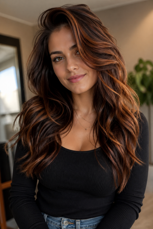 Caramel copper balayage on brunette hair with warm dimensional highlights and soft blended tones creating a natural sun-kissed look