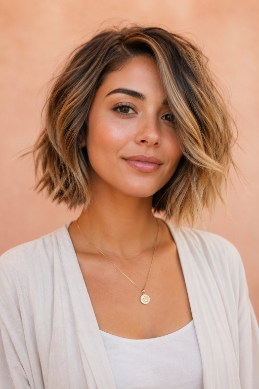 Brown and blonde balayage on short hair showcasing soft blended highlights, dimensional tones, and modern low-maintenance color for a natural, sun-kissed look
