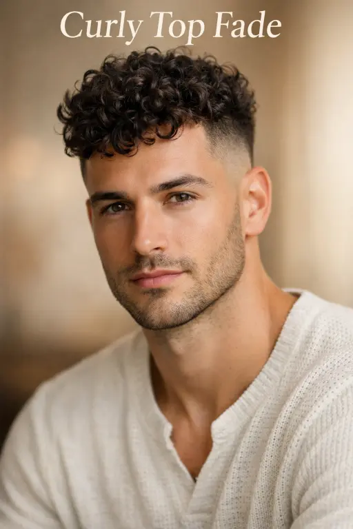 bald taper fade with curly top showing defined natural curls and clean faded edges