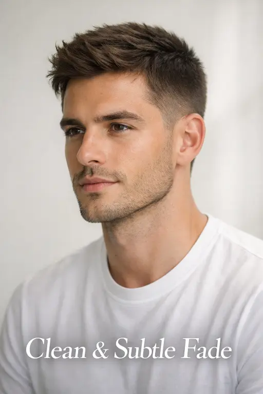 Low burst taper fade haircut for men with subtle fade around the ear and neatly blended longer top