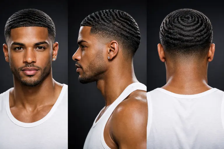 temple fade haircut for men with 360 waves pattern on coily hair and clean tapered edges around the temples