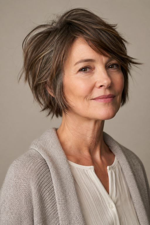 Hairstyles for women over 40 with thin fine hair showing volume-boosting cuts like layered bobs, pixies, and textured styles for fuller-looking hair