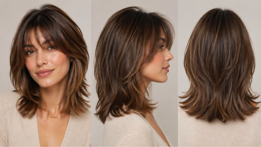 Thin fine hair makeover with soft layered bob and wispy bangs adding natural volume and face-framing shape