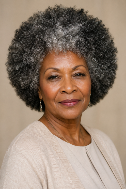 Confident older Black woman with natural gray curls in a stylish wash-and-go hairstyle, showcasing low-maintenance beauty and elegance
