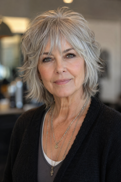 Hairstyles for women over 60 with bangs featuring layered bobs, pixie cuts, and soft fringes that flatter mature faces and fine hair