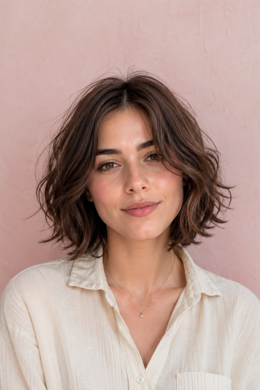 Short shaggy bob haircut with textured layers and effortless volume for modern women
