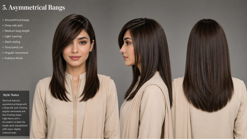Bangs hairstyles for round faces featuring side-swept and curtain fringe that slim and frame soft facial features