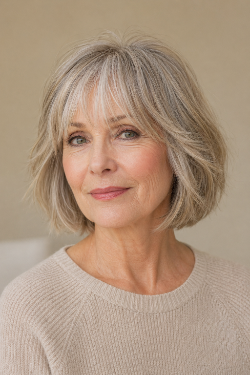 Choppy bob hairstyles for women over 60 showing layered, textured cuts that add volume and movement to aging hair