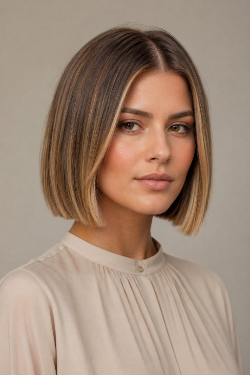 Brown and blonde balayage on short hair showcasing soft blended highlights, dimensional tones, and modern low-maintenance color for a natural, sun-kissed look