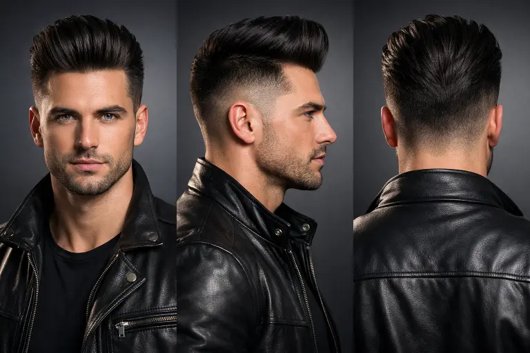 bald taper fade with pompadour featuring high volume front and neatly tapered sides