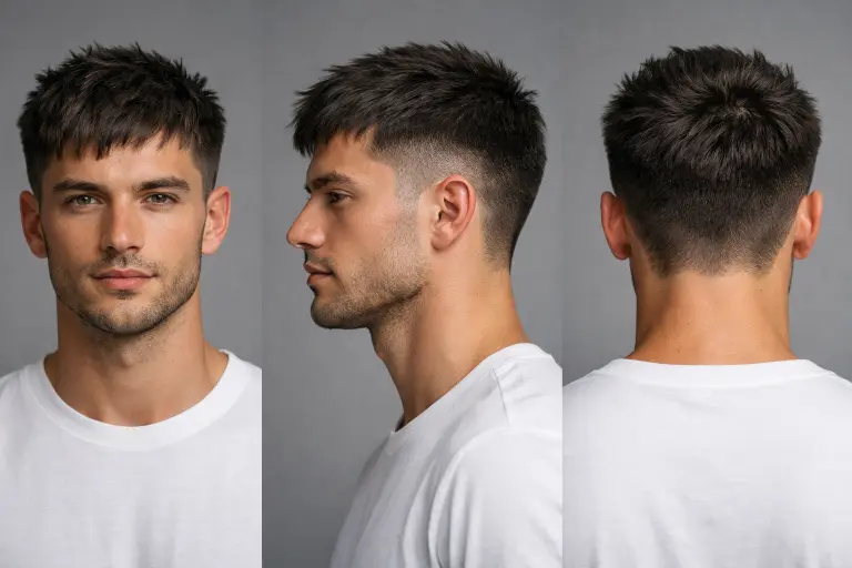 Burst taper fade haircut for men with short textured crop and choppy layers on thick straight hair
