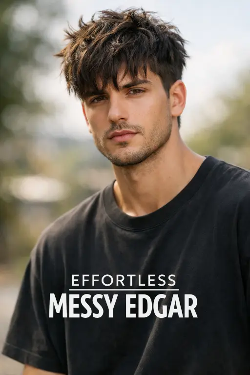 messy fluffy Edgar cut ideas with tousled textured top, broken fringe, and relaxed styling on wavy hair