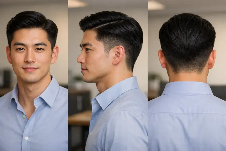 Asian taper fade with two-block cut showing longer disconnected top and neatly faded sides with soft volume and Korean-inspired styling