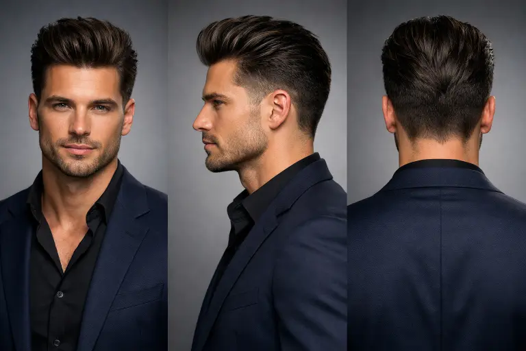 pompadour with temple fade haircut for men showing voluminous swept-back top and neatly faded temple area