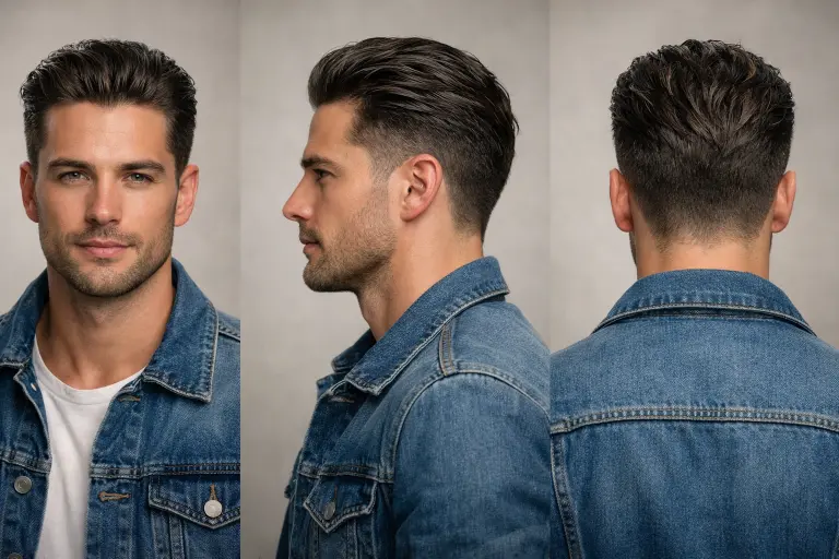 textured slick back taper fade with wavy hair, natural movement on top, and clean tapered edges