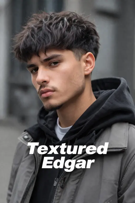 different Edgar haircuts for men showing fade variations, textured tops, and blunt fringe styles on various hair types