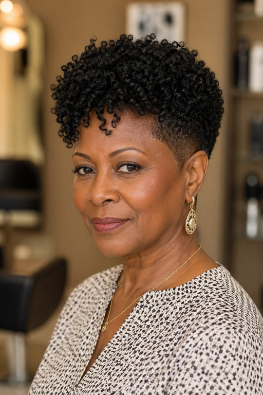 Confident older Black woman with natural gray curls in a stylish wash-and-go hairstyle, showcasing low-maintenance beauty and elegance