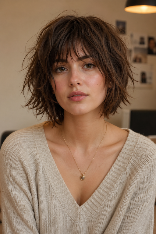 Short shaggy bob haircut with textured layers and effortless volume for modern women