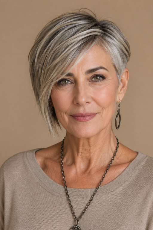 Elegant older woman (age 60+) with natural wrinkles and soft features showcasing a chic pixie bob haircut,