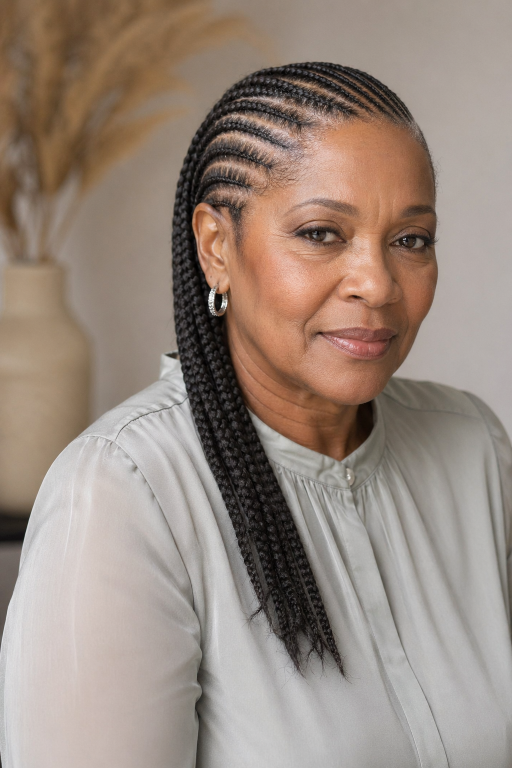 Elegant braided hairstyles for older Black women over 50 showcasing protective, low-maintenance, and graceful looks