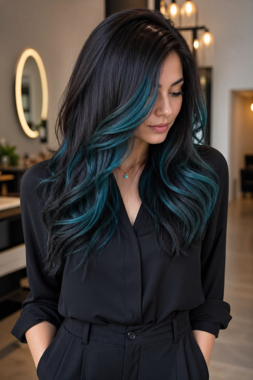 Blue balayage for brunettes featuring soft blended navy, teal, and pastel tones on long layered hair with natural dark roots and glossy finish