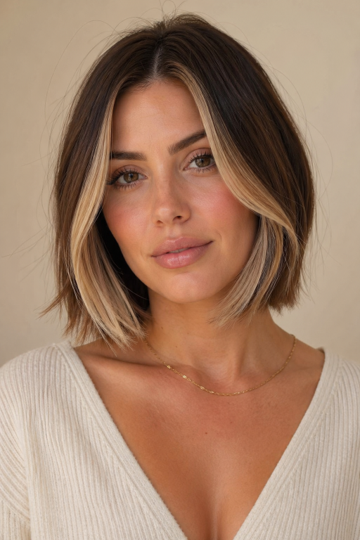 Brown and blonde balayage on short hair showcasing soft blended highlights, dimensional tones, and modern low-maintenance color for a natural, sun-kissed look