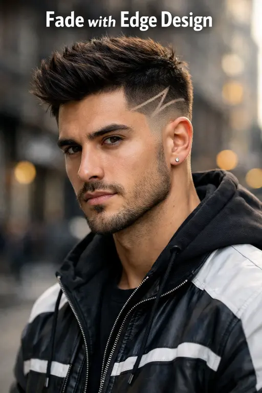 Burst taper fade haircut for men with shaved design lines around the ear and clean tapered sides