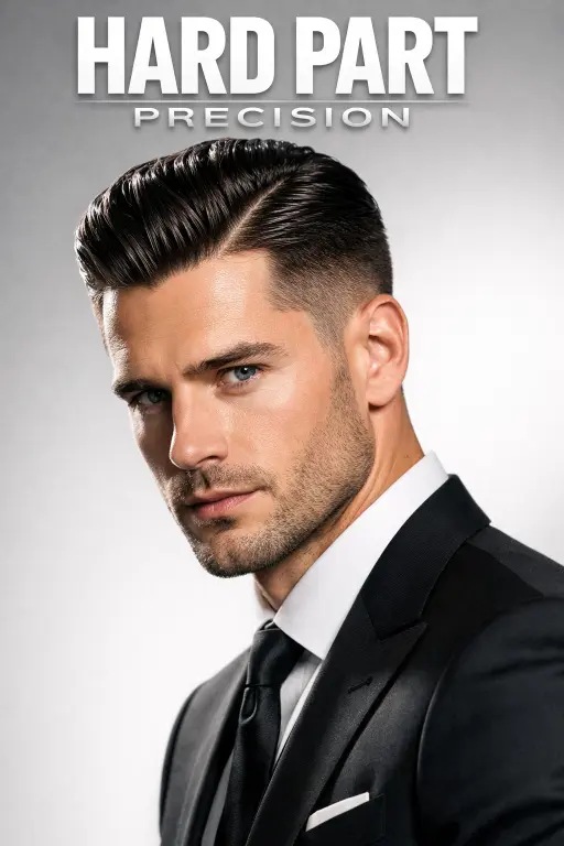 hard part slick back taper fade haircut with defined side part line and sleek combed back top