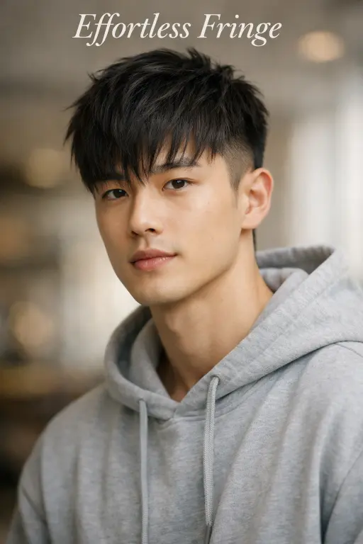 Taper fade with side part on straight Asian hair, clean parted top with subtle volume and neatly tapered sides for a classic professional look