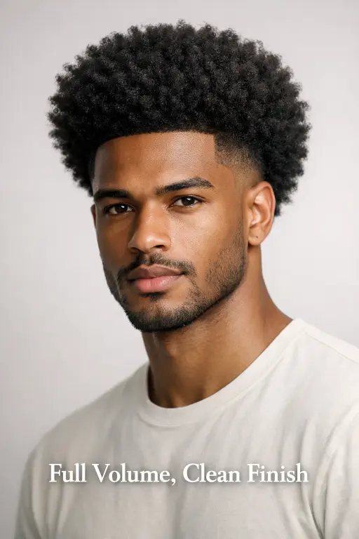 afro hairstyle with temple fade haircut for men featuring full rounded volume and sharp temple fade edges