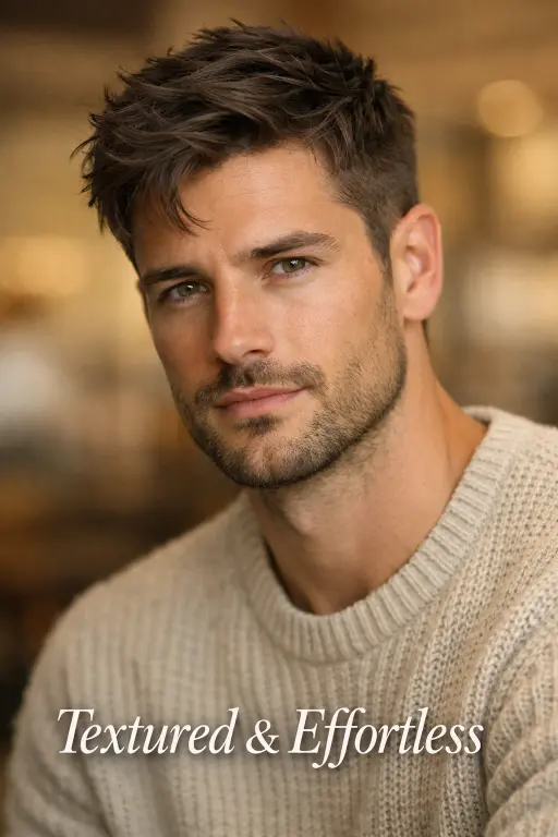 Textured taper comb over fade style with choppy layers, thick wavy hair, and natural movement on top with clean tapered sides