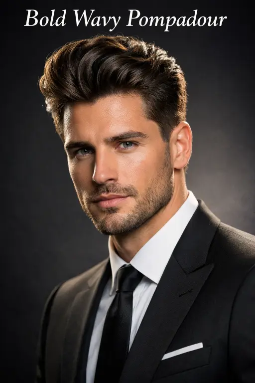 ALT 6: Wavy pompadour low taper fade hairstyle for men with high volume waves and clean tapered edges