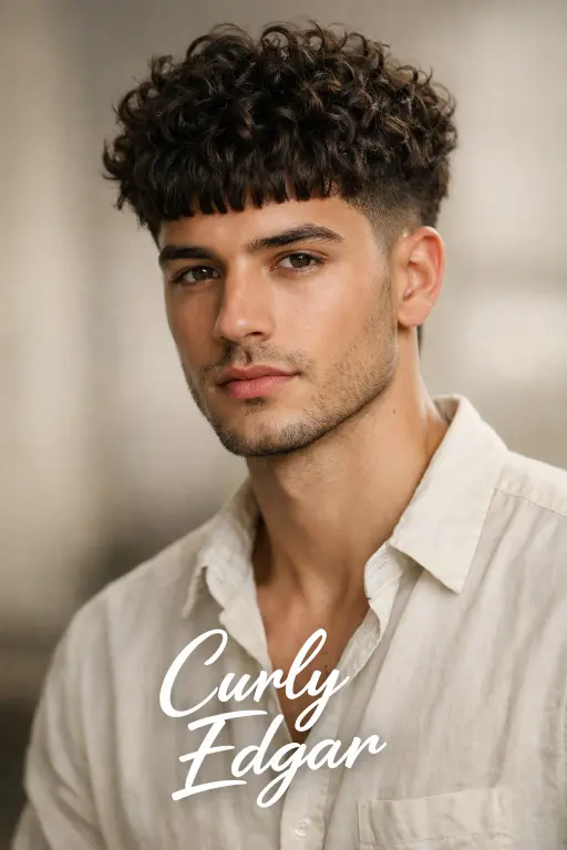different Edgar haircuts for men showing fade variations, textured tops, and blunt fringe styles on various hair types