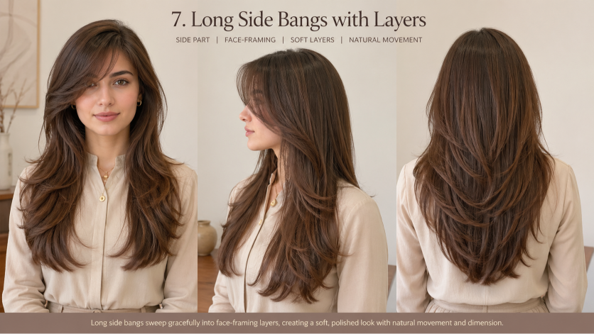 Bangs hairstyles for round faces featuring side-swept and curtain fringe that slim and frame soft facial features
