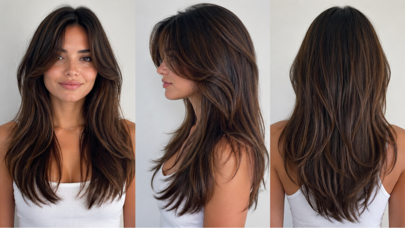 Thin fine hair makeover with soft layered bob and wispy bangs adding natural volume and face-framing shape