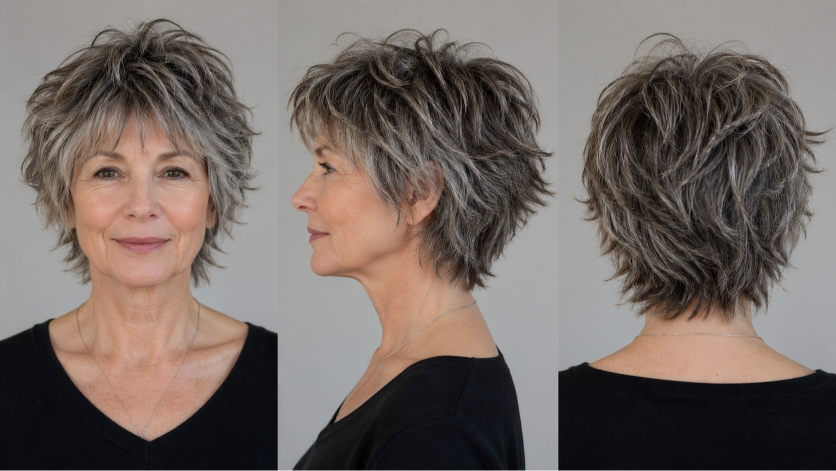 Elegant short and layered hairstyles for women over 80 showcasing soft volume, natural gray hair, and easy-to-maintain flattering cuts