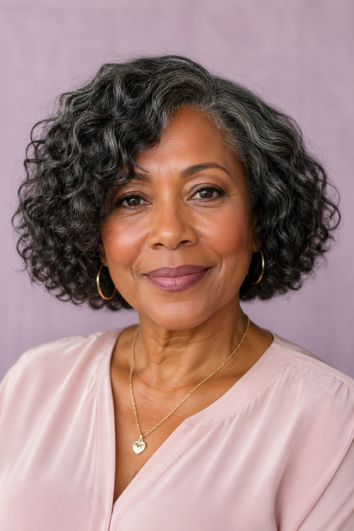 Confident older Black woman with natural gray curls in a stylish wash-and-go hairstyle, showcasing low-maintenance beauty and elegance