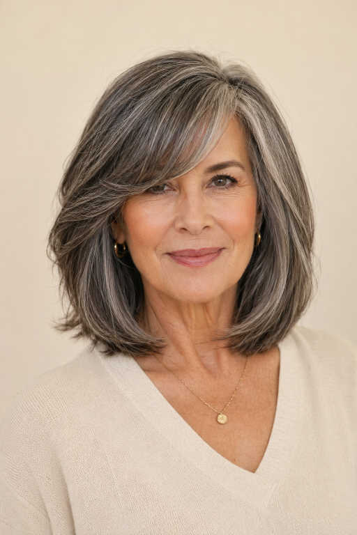 Hairstyles for women over 60 with bangs featuring layered bobs, pixie cuts, and soft fringes that flatter mature faces and fine hair