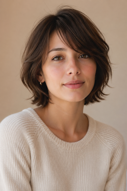 Short shaggy bob haircut with textured layers and effortless volume for modern women